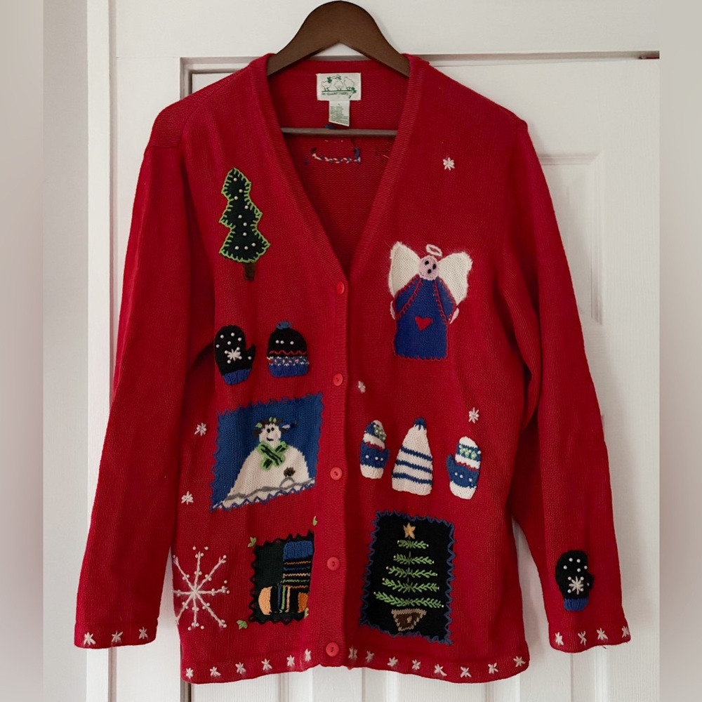 The Quacker Factory Vintage Festive Red Holiday Cardigan Size Large EUC